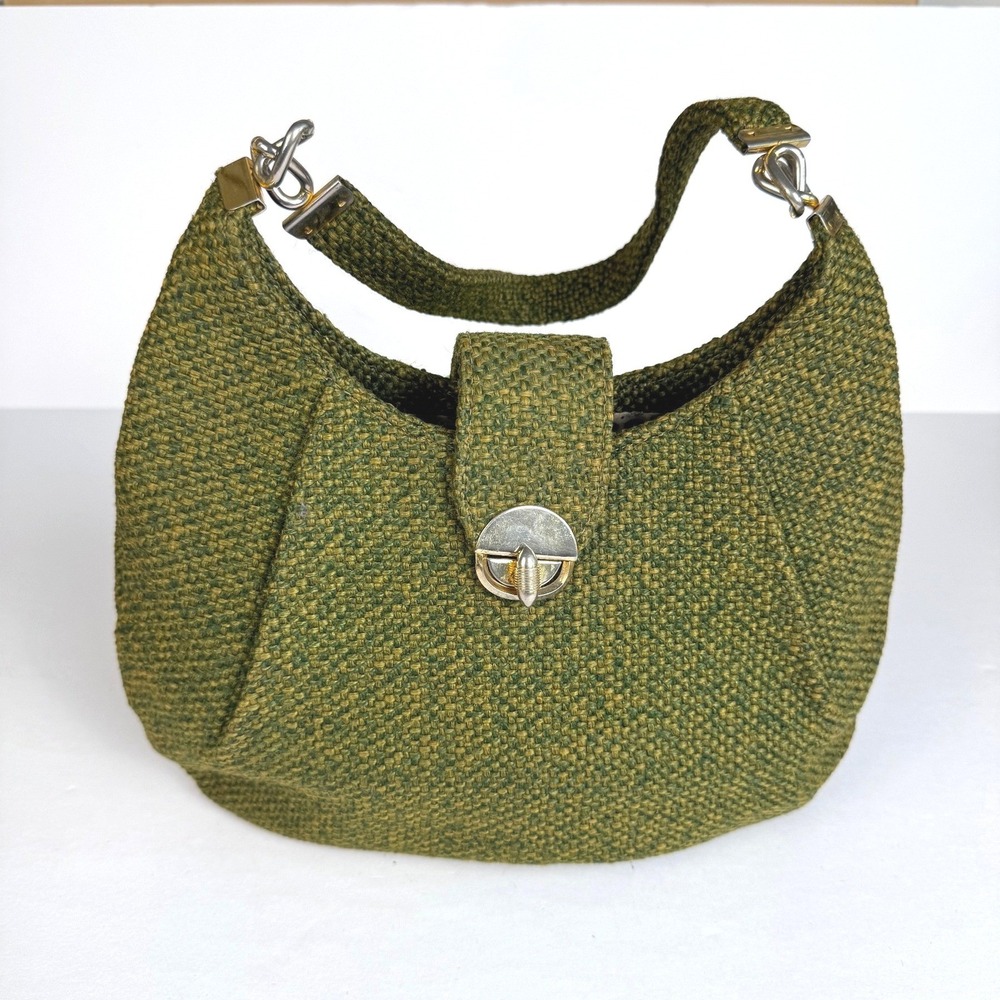 60s/70s Vintage Woven Tweed Crescent Hobo Shoulder Bag Turn Lock Clasp